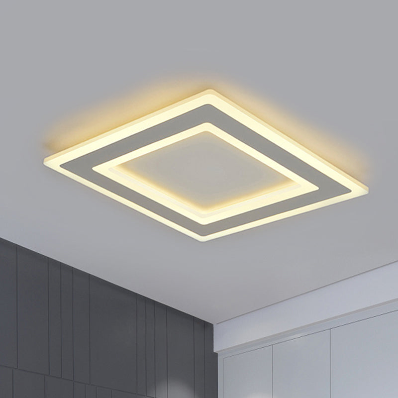 Minimalist Square Frame Ceiling Lamp Metallic LED White Bedroom Flush Lighting in Warm/White Light