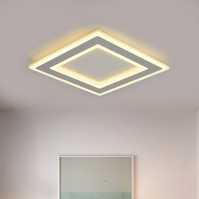 Minimalist Square Frame Ceiling Lamp Metallic LED White Bedroom Flush Lighting in Warm/White Light