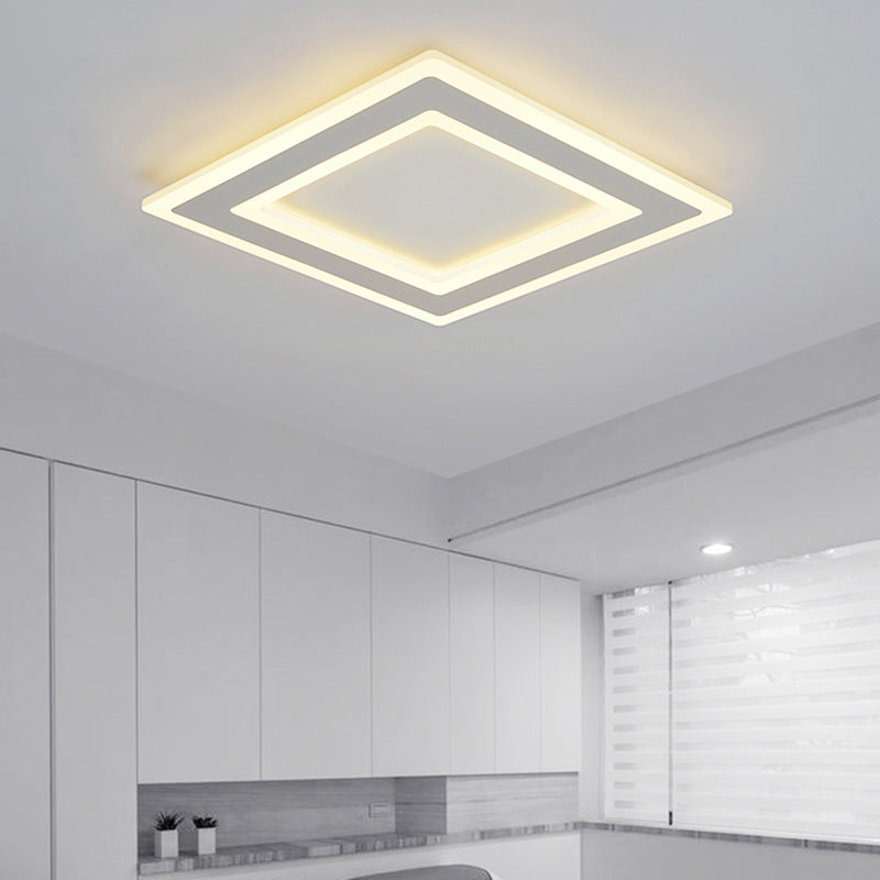 Minimalist Square Frame Ceiling Lamp Metallic LED White Bedroom Flush Lighting in Warm/White Light