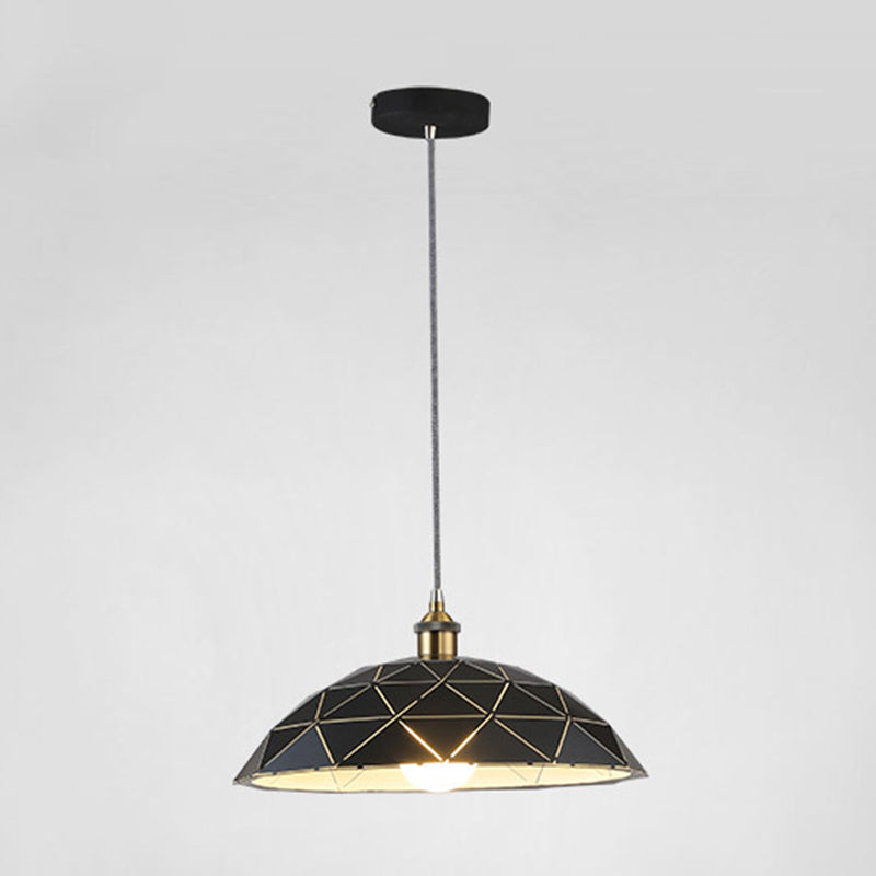 1 Light Dome Suspension Lamp Industrial Black/White Metal Pendant Light for Living Room, 13"/16"/19.5" Wide