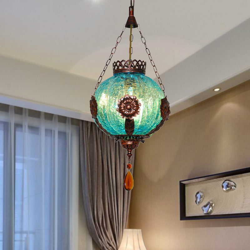 1 Light Sphere Suspension Lighting Vintage Blue Crackle Glass Hanging Ceiling Light