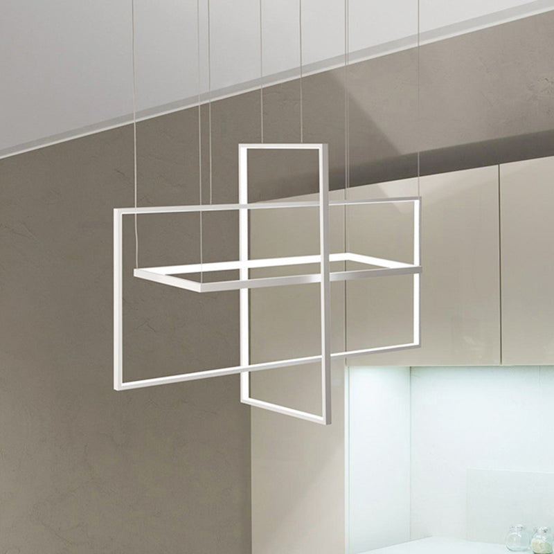 Rectangle Hanging Lamp Kit Minimalist Metal White 23.5"/31.5"/38" Wide LED Suspension Light, Warm/White/Natural Light