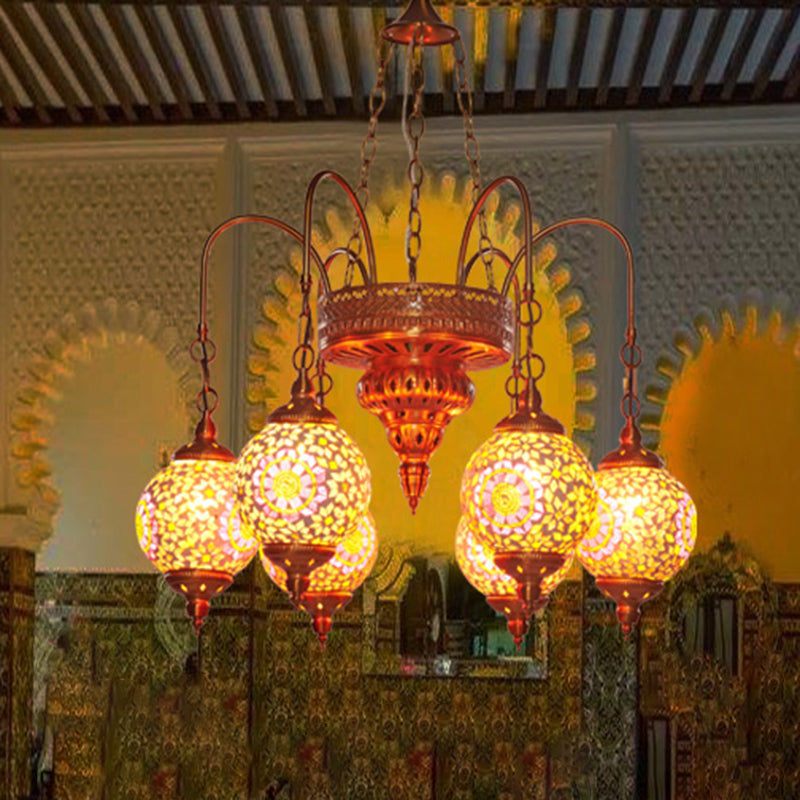 Accesorio de iluminación de araña de restaurantes de globo metal 6 luces de oro colgante de oro con sombra de vidrio colorido