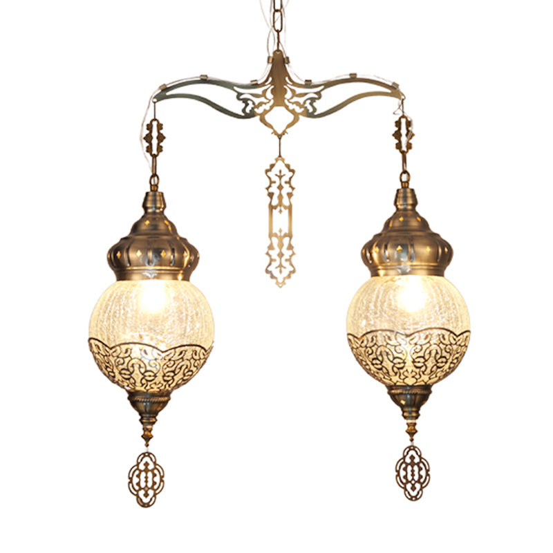 Bronze 2 Lights Chandelier Lamp Vintage Style Crackle Glass Globe Shaped Hanging Light Kit