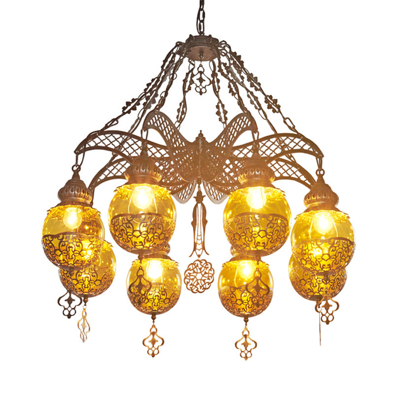 Yellow Glass Spherical Hanging Chandelier Moroccan 3/6/8 Lights Restaurant Suspension Lighting