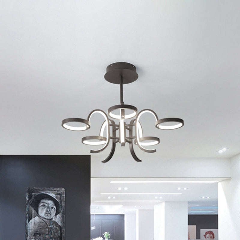 Black Curve Arm Chandelier Lighting Modernism 5/6 Heads Metal Pendant Light in Warm/White Light