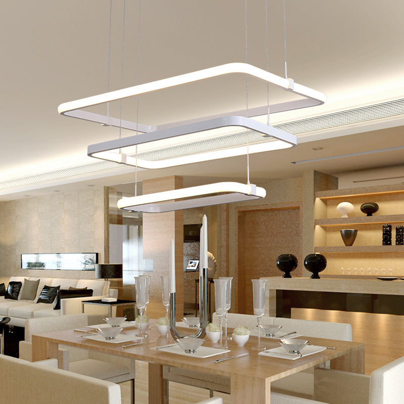 Rectangle Metal Pendant Light Kit Minimalist White LED Hanging Chandelier, Warm/White Light