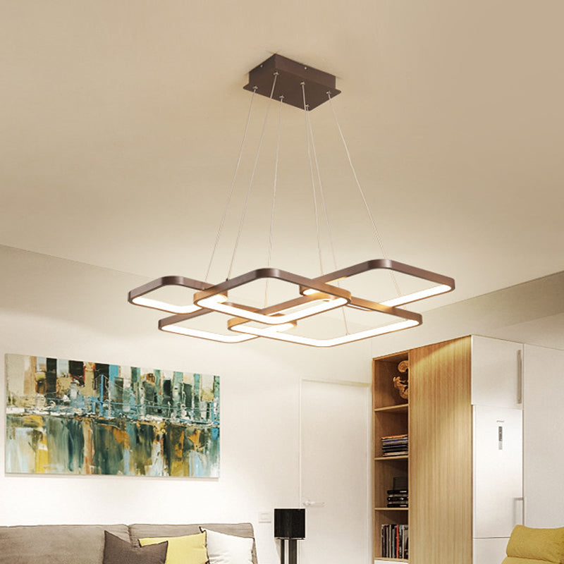 Square Acrylic Pendant Light Fixture Minimalist Coffee LED Chandelier Lighting, Warm/White Light