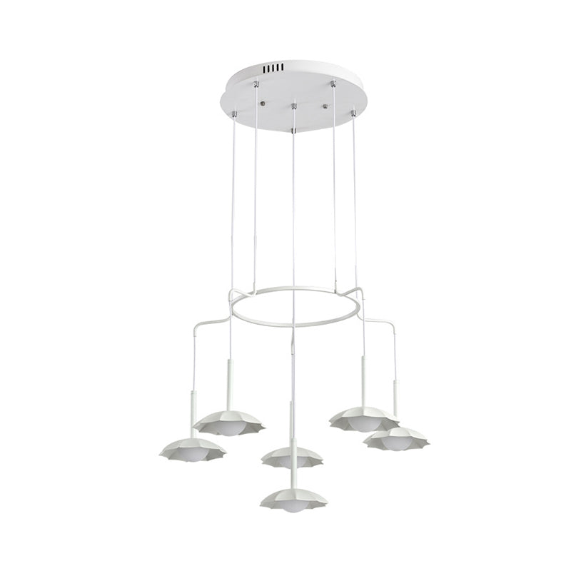 6-Head Living Room Chandelier Modernist Style White Hanging Ceiling Light with Floral Acrylic Shade