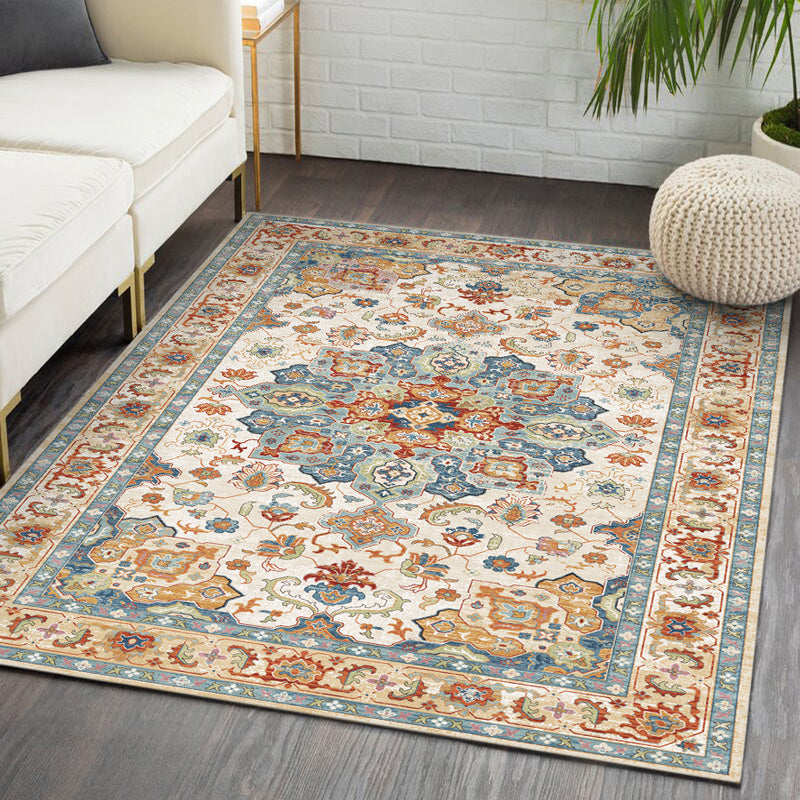 Simple Light Color Distressed Rug Polyester Floral Pattern Area Rug Non-Slip Backing Carpet for Living Room