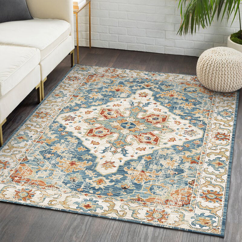 Simple Light Color Distressed Rug Polyester Floral Pattern Area Rug Non-Slip Backing Carpet for Living Room