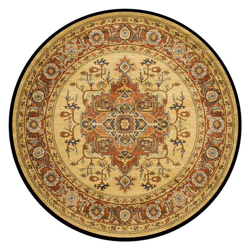 Round Yellow Tone Traditional Indoor Rug Polyester Floral Print Rug Non-Slip Backing Indoor Rug for Living Room