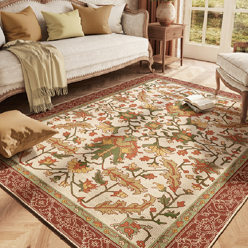 Traditional Floral Printed Rug Four-Color Polyester Area Carpet Non-Slip Backing Rug for Living