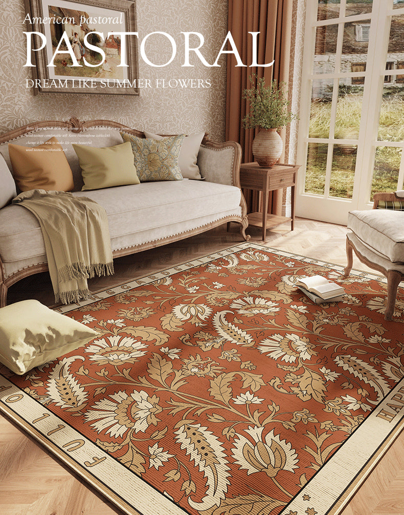 Traditional Floral Printed Rug Four-Color Polyester Area Carpet Non-Slip Backing Rug for Living