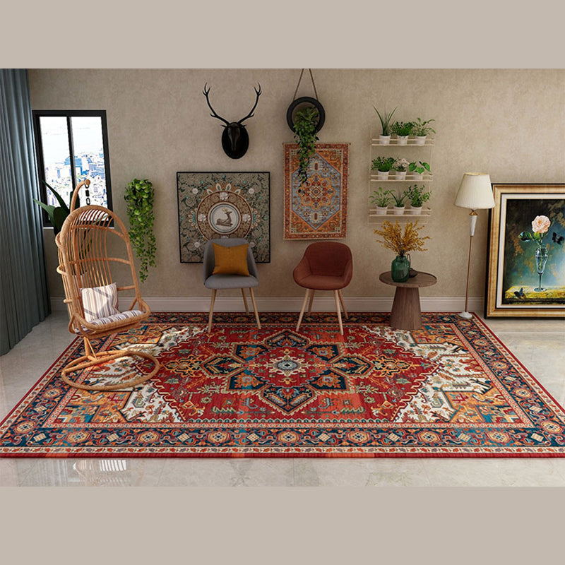 Multicolor Distressed Indoor Rug Polyester Medallion Print Rug Non-Slip Backing Indoor Rug for Living Room
