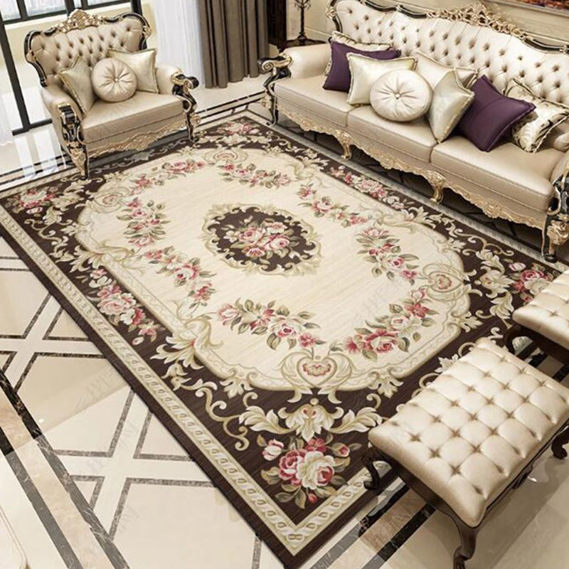 Color Mixed Floral Print Rug Polyester Traditional Anti-Slip Backing Indoor Rug for Living Room