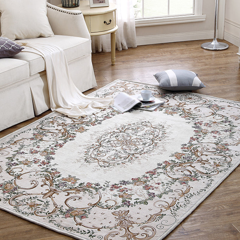 Simple Light Color Disstressed Rug Polyester Floral Pattern Area Rug Non-Slip Backing Carpet for Living Room