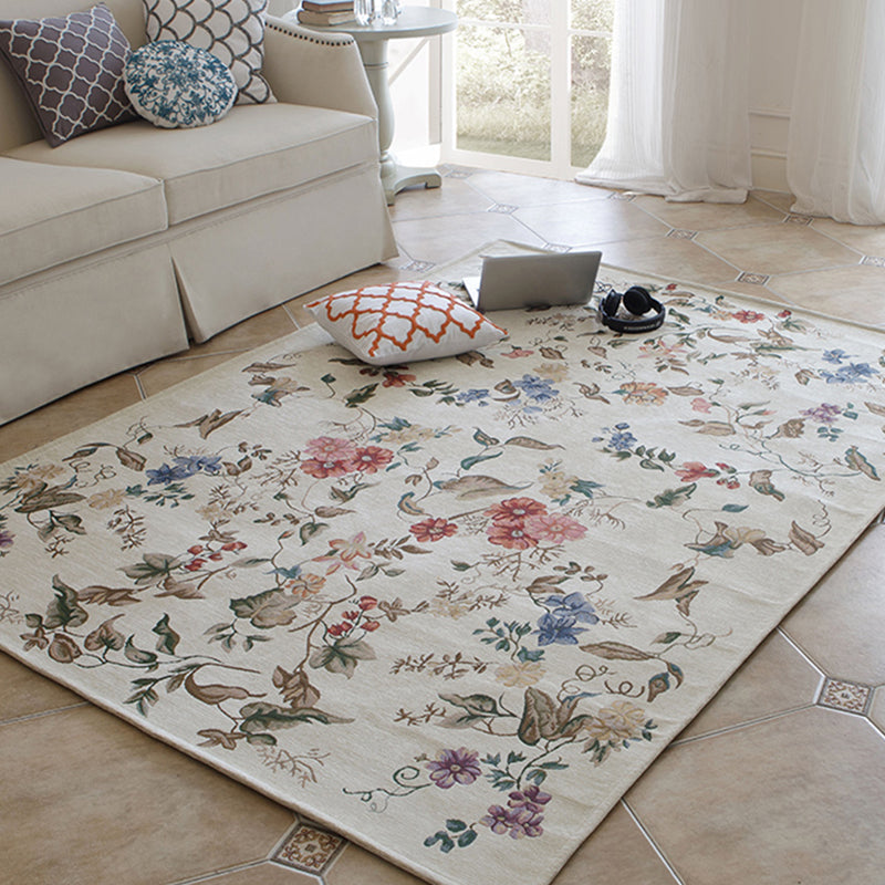 Simple Light Color Disstressed Rug Polyester Floral Pattern Area Rug Non-Slip Backing Carpet for Living Room