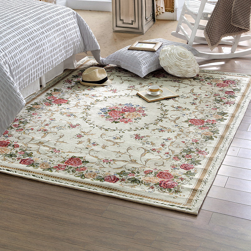 Simple Light Color Disstressed Rug Polyester Floral Pattern Area Rug Non-Slip Backing Carpet for Living Room