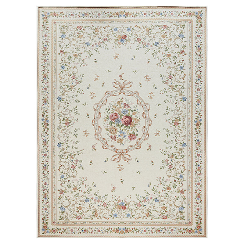 Simple Light Color Disstressed Rug Polyester Floral Pattern Area Rug Non-Slip Backing Carpet for Living Room