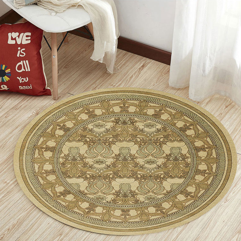 Round Yellow Tone Traditional Indoor Rug Polyester Ethnic Print Rug Non-Slip Backing Indoor Rug for Living Room