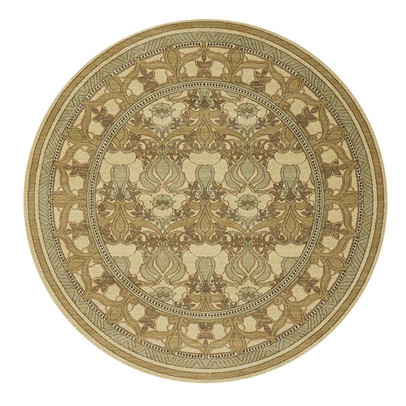 Round Yellow Tone Traditional Indoor Rug Polyester Ethnic Print Rug Non-Slip Backing Indoor Rug for Living Room