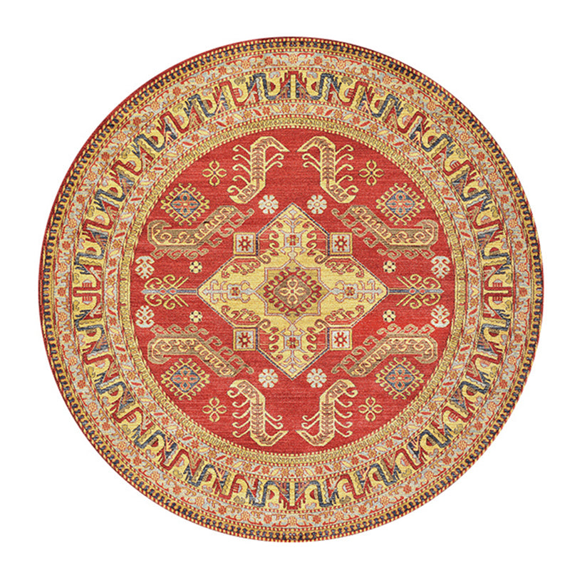 Round Yellow Tone Traditional Indoor Rug Polyester Ethnic Print Rug Non-Slip Backing Indoor Rug for Living Room