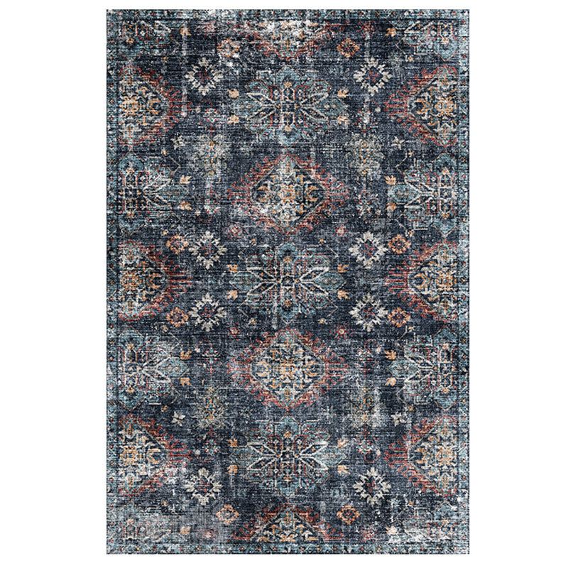 Blue Tone Distressed Area Carpet Polyester Floral Printed Indoor Rug Anti-Slip Backing Carpet for Living Room