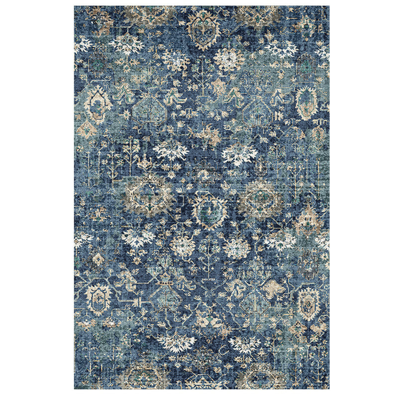 Blue Tone Distressed Area Carpet Polyester Floral Printed Indoor Rug Anti-Slip Backing Carpet for Living Room