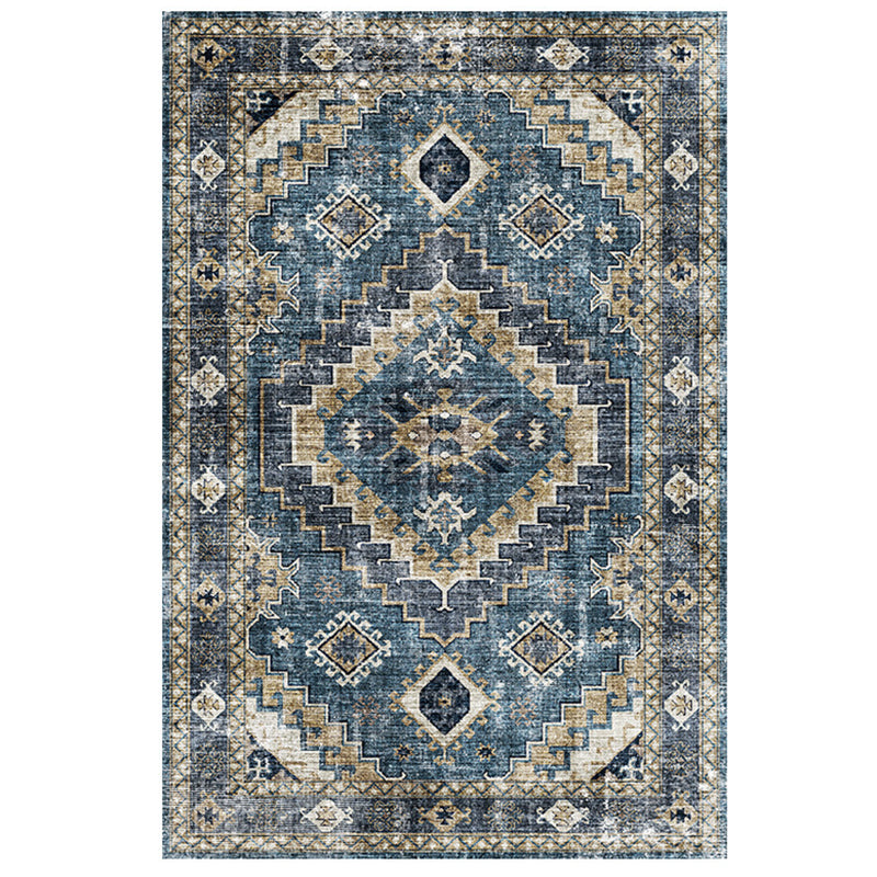 Blue Tone Distressed Area Carpet Polyester Floral Printed Indoor Rug Anti-Slip Backing Carpet for Living Room