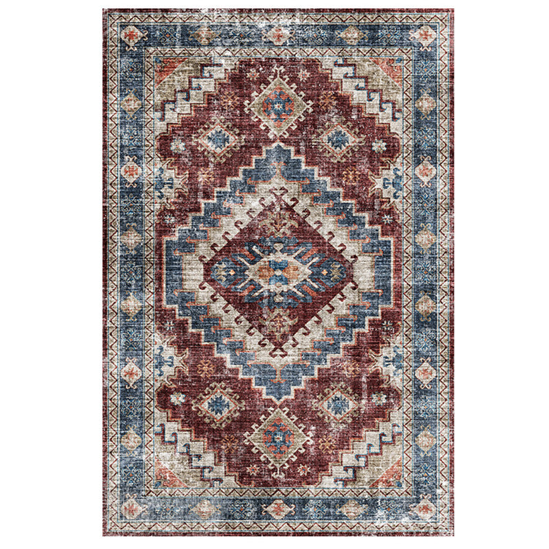 Blue Tone Distressed Area Carpet Polyester Floral Printed Indoor Rug Anti-Slip Backing Carpet for Living Room