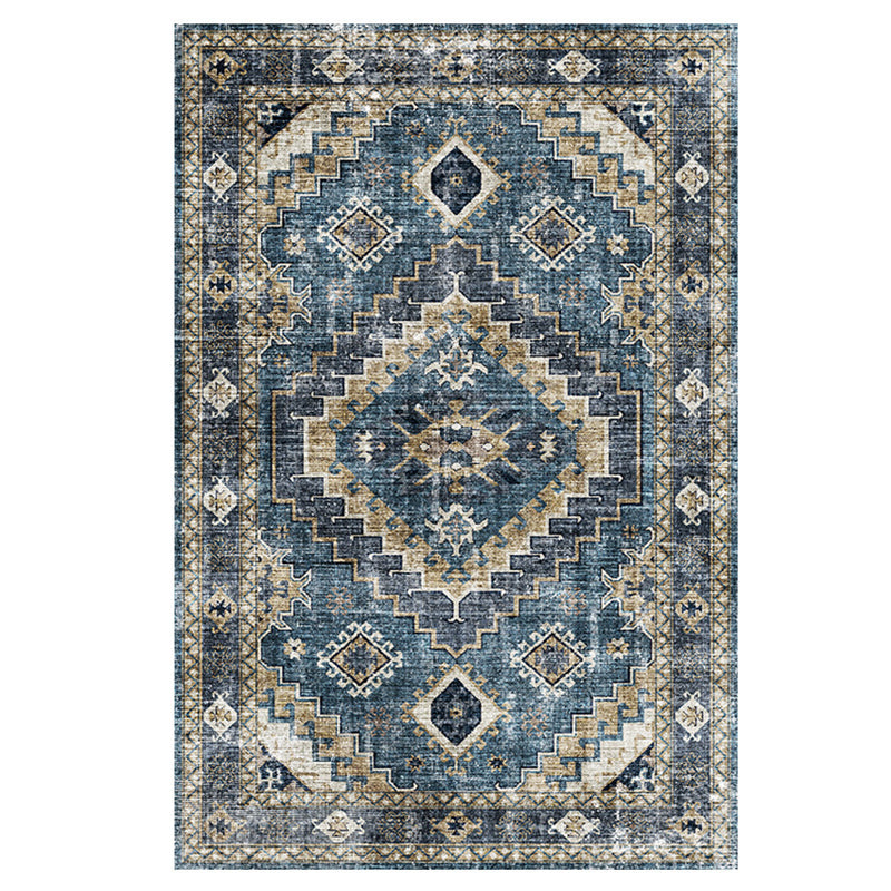 Blue Tone Distressed Area Carpet Polyester Floral Printed Indoor Rug Anti-Slip Backing Carpet for Living Room