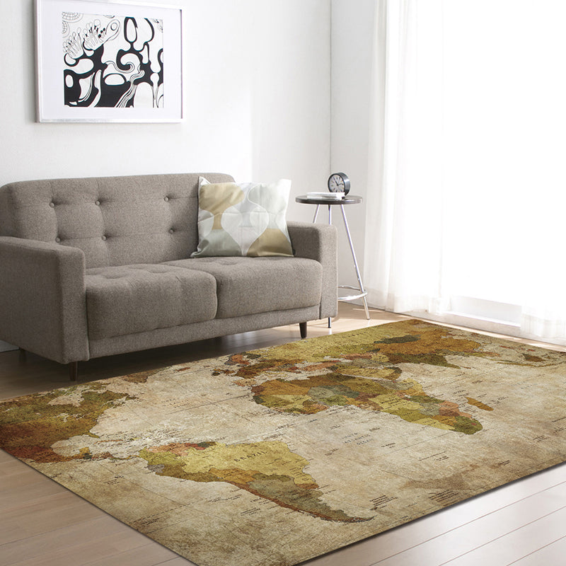 Brown Tone Map Rug Polyester Distressed Anti-Slip Backing Indoor Rug for Living Room