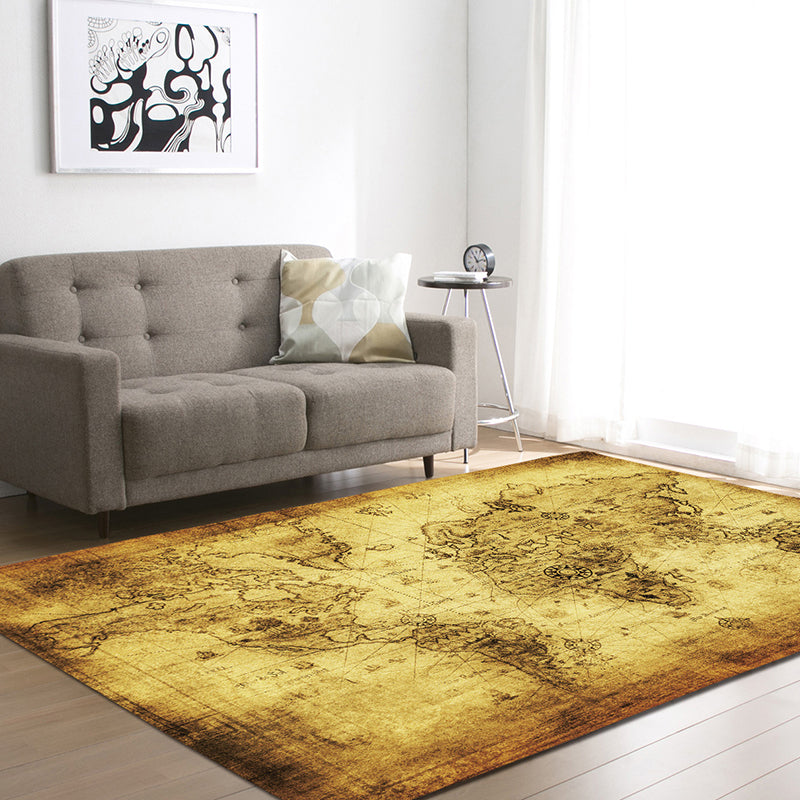 Brown Tone Map Rug Polyester Distressed Anti-Slip Backing Indoor Rug for Living Room