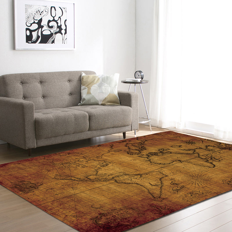 Brown Tone Map Rug Polyester Distressed Anti-Slip Backing Indoor Rug for Living Room