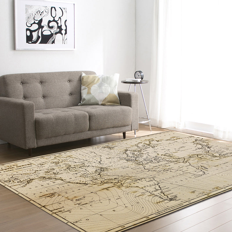 Brown Tone Map Rug Polyester Distressed Anti-Slip Backing Indoor Rug for Living Room