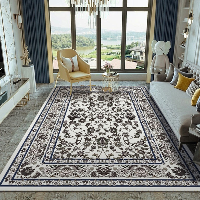 Solid Color Floral Print Rug Polyester Traditional Anti-Slip Backing Indoor Rug for Living Room