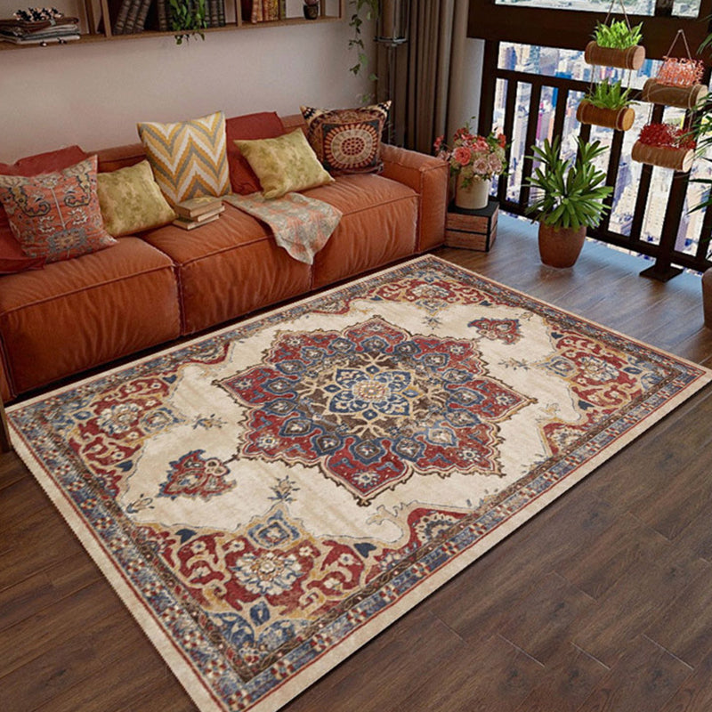 Elegant Red Tone Antique Carpet Polyester Medallion Indoor Rug Stain Resistant Rug for Living Room