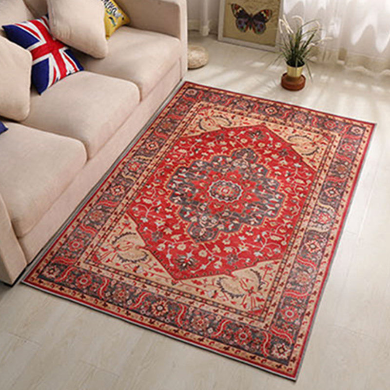 Elegant Red Tone Antique Carpet Polyester Medallion Indoor Rug Stain Resistant Rug for Living Room