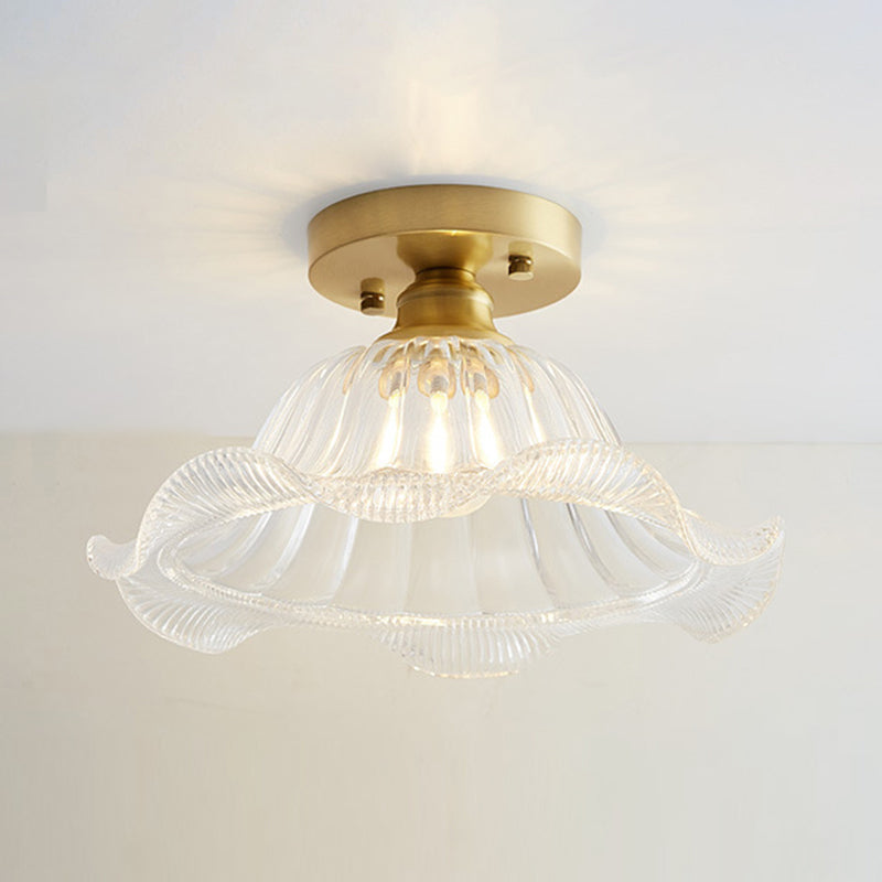 Balcony Aged Brass Flush Mount Flower Shape Frosted Glass Ceiling Light Fixture