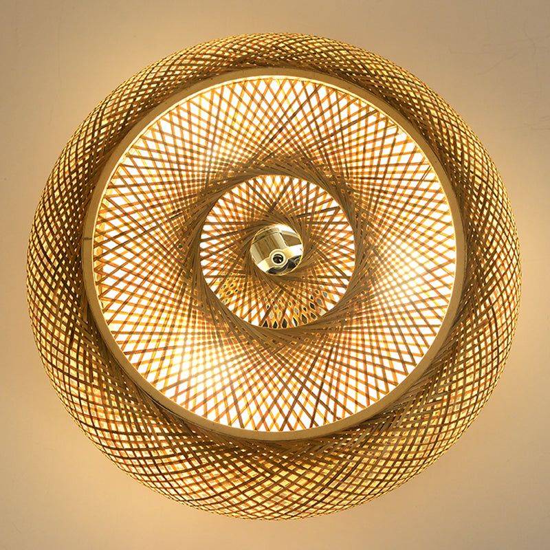 Wooden Circular Ceiling Light in Asian Simplicity Weave Bamboo Flush Mount for Corridor