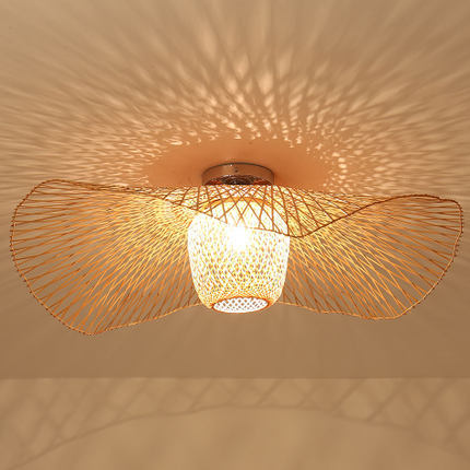 1-Light Bamboo Semi Flush Mount in Asian Creative Style Wrought Iron Sputnik Ceiling Light for Dining Room