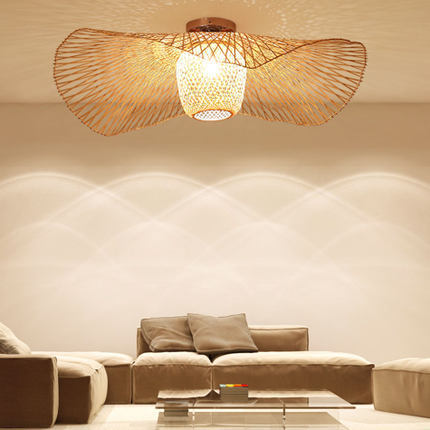 1-Light Bamboo Semi Flush Mount in Asian Creative Style Wrought Iron Sputnik Ceiling Light for Dining Room