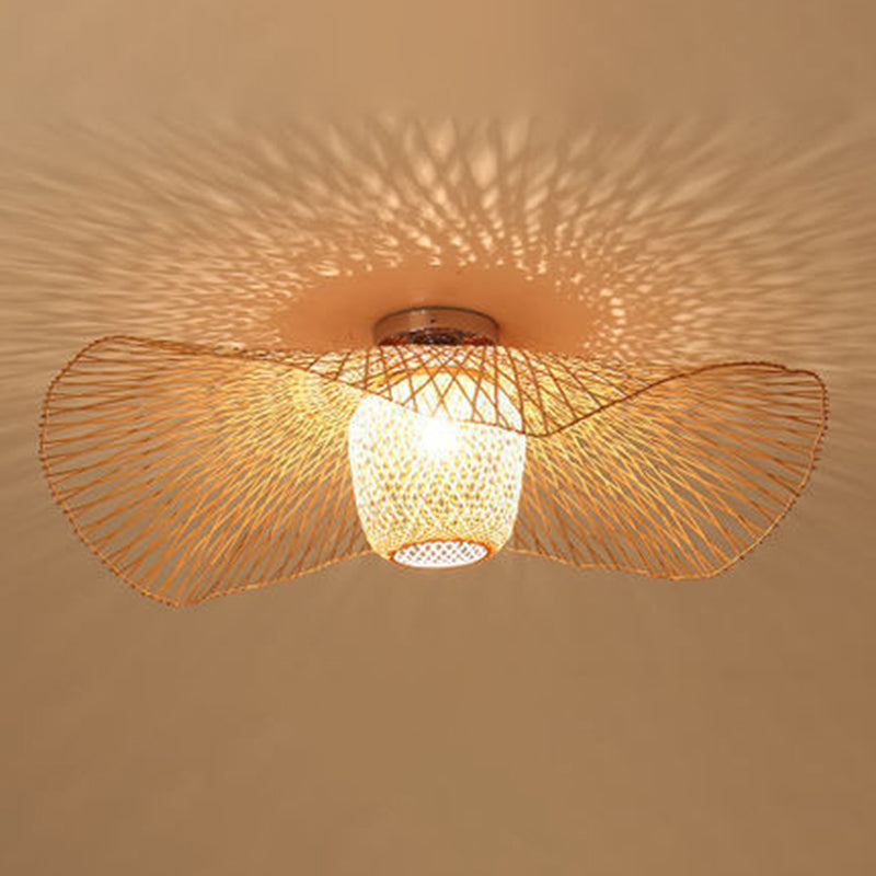 1-licht Bamboo Semi Flush Mount in Aziatische creatieve stijl smeedijzeren sputnik plafondlicht voor eetkamer