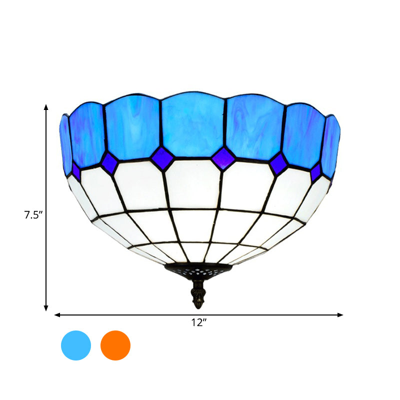 2 Kopfschlafzimmer Deckenmontage Aufsatz traditionellen blau/gelb Unterputzleuchte mit Schüssel gebeizt Glas Schatten