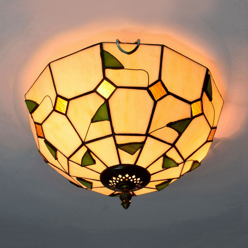 12"/16" W White Dome Ceiling Lamp Tiffany 2/3 Bulbs Multicolored Stained Glass Flush Mount Lighting