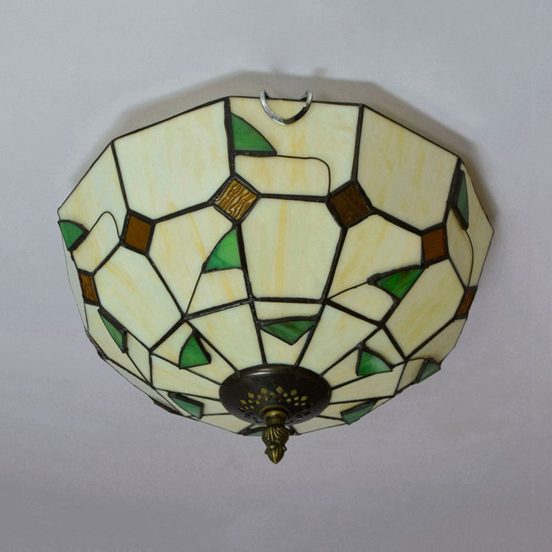 12"/16" W White Dome Ceiling Lamp Tiffany 2/3 Bulbs Multicolored Stained Glass Flush Mount Lighting