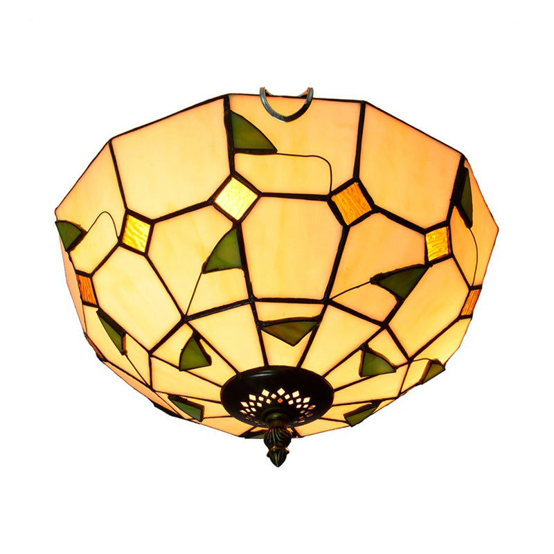 12"/16" W White Dome Ceiling Lamp Tiffany 2/3 Bulbs Multicolored Stained Glass Flush Mount Lighting