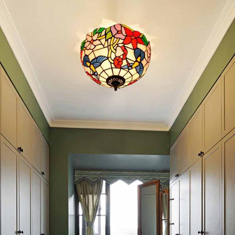 Stained Glass Floral Ceiling Fixture Tiffany 2 Lights Brass Flush Mount Light for Bedroom