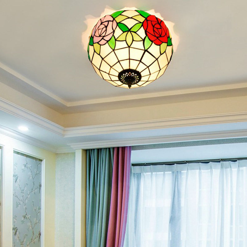 Stained Glass Floral Ceiling Fixture Tiffany 2 Lights Brass Flush Mount Light for Bedroom